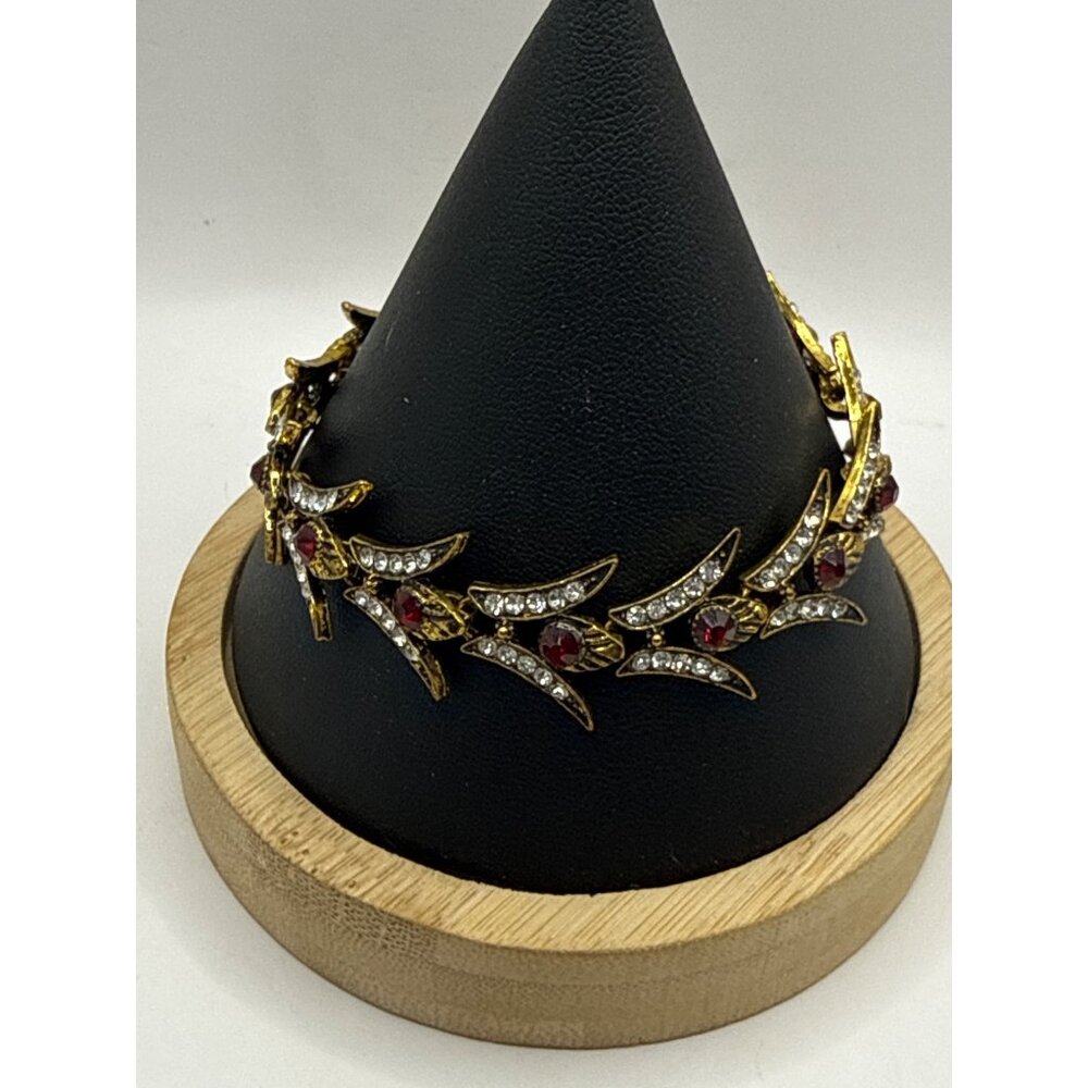 Vintage Baroque Victorian Ruby Red Crystal Fishtail Bracelet Gold Tone Goth